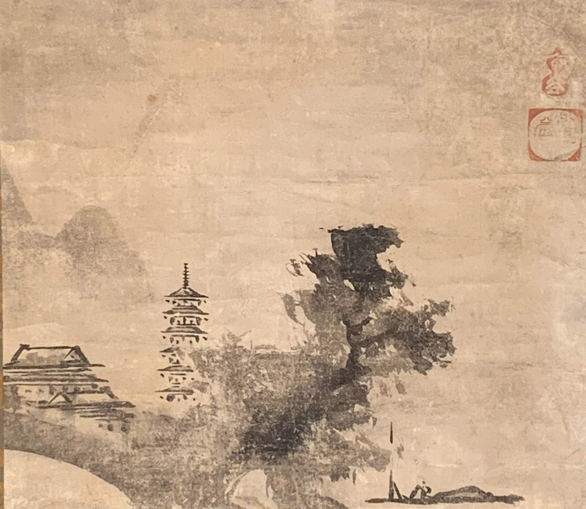 塔と木々を描いた水墨画