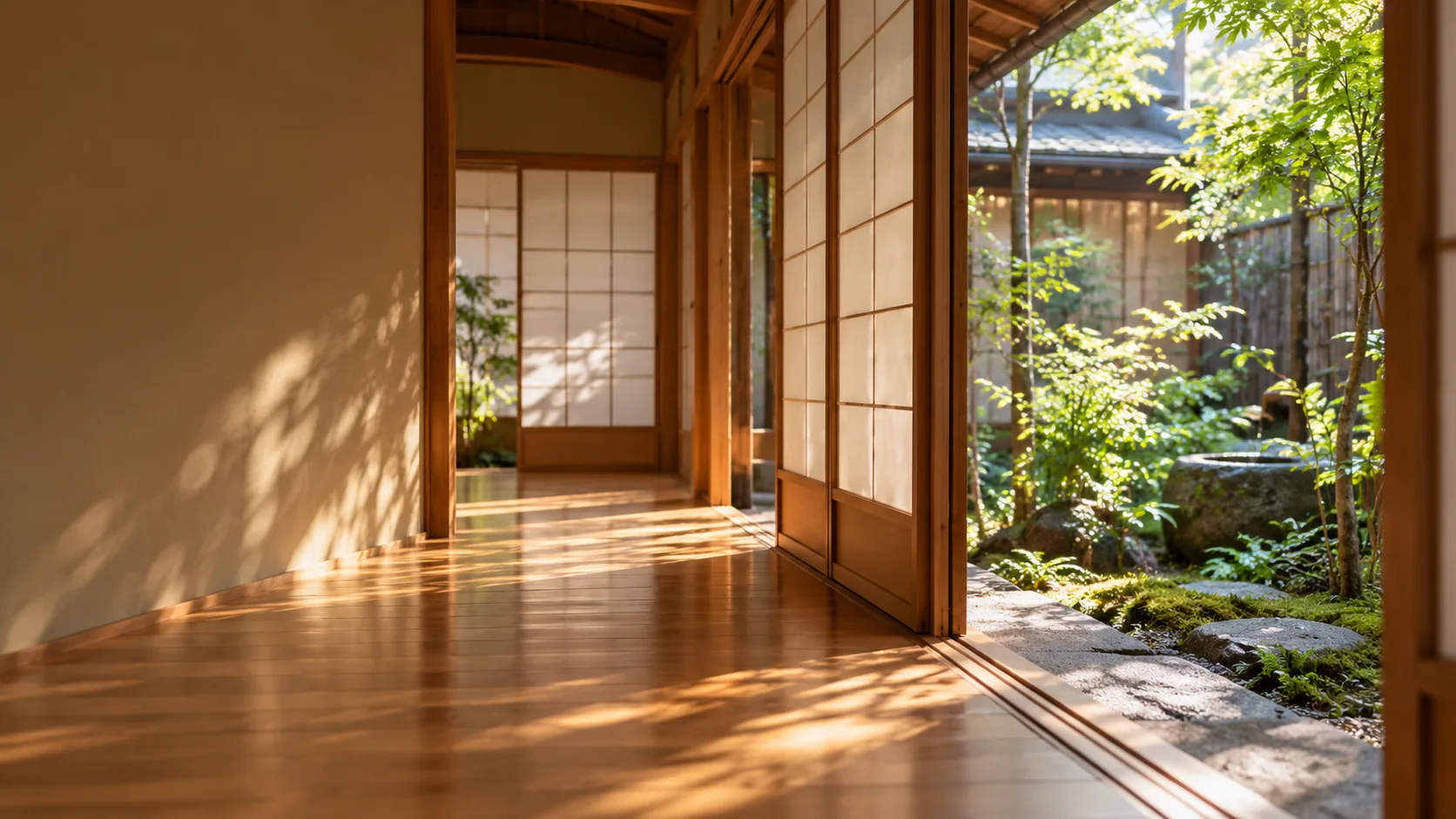 障子と木の廊下がある静かな和の空間